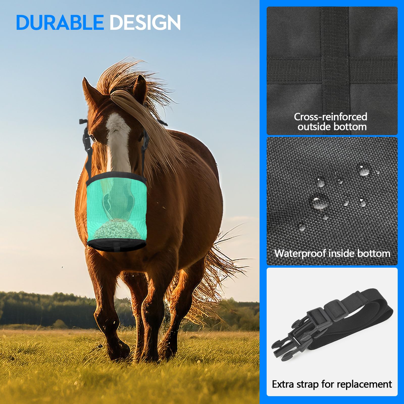 WARMWOW Horse Feed Bag Pack of 2, Feed Bags for Horses with Ventilation Mesh, Comfort Nose Pad Neck Pad, Adjustable Strap, Spill